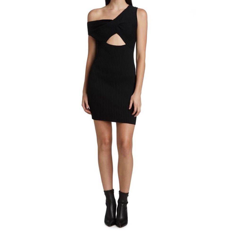Anna Quan Zali Dress 10 Black Ribbed Knit One Shoulder Cutout Mini Bodycon NWT - Picture 7 of 13